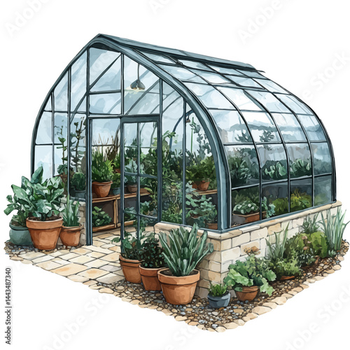watercolor of Small Greenhouse With Potted Vegetables, vector, isolated on a white background.