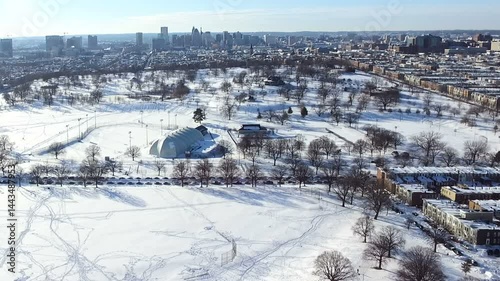 Aerial View of Snow-Covered Patterson Park in Baltimore City, Maryland  Canton, Fells Point, Highlandtown