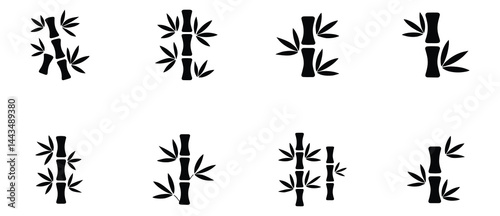 Bamboo plant icon set. Bamboo black stalk, leaf, nature, ecology, silhouette on white background.
