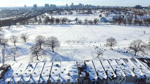Aerial View of Snow-Covered Patterson Park in Baltimore City, Maryland  Canton, Fells Point, Highlandtown