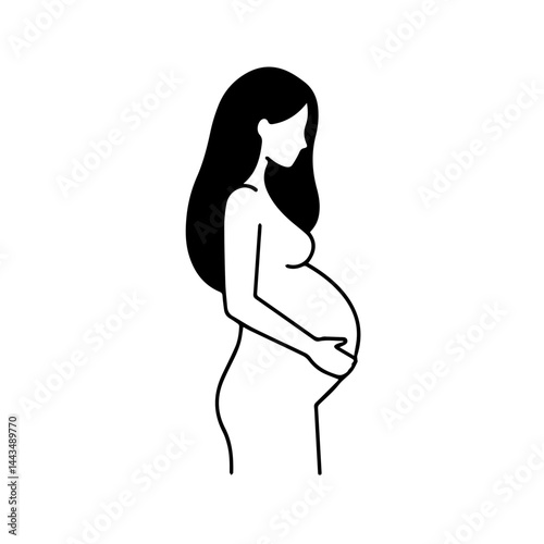 Pregnant woman holding belly facing side in minimalist style  