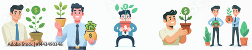 happy man holding two pots of money plants in vector flat design style