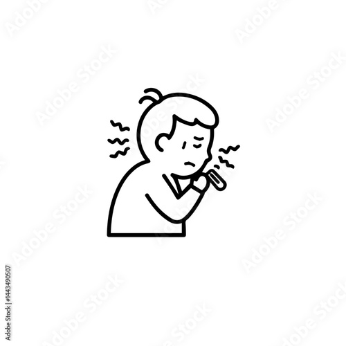 Sick child checking temperature with thermometer  