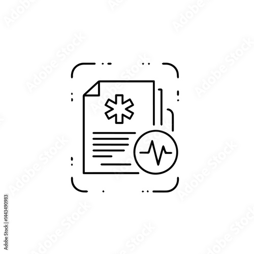 Medical document symbol with heart rate icon in black and white  