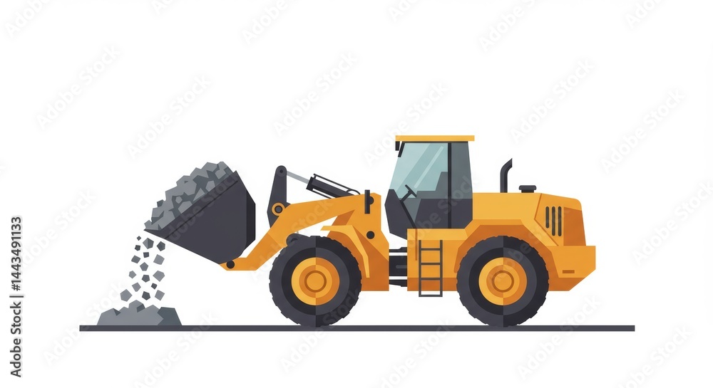 Fototapeta premium Stylized Flat Graphic Art of Wheel Loader Carrying Gravel on White Background