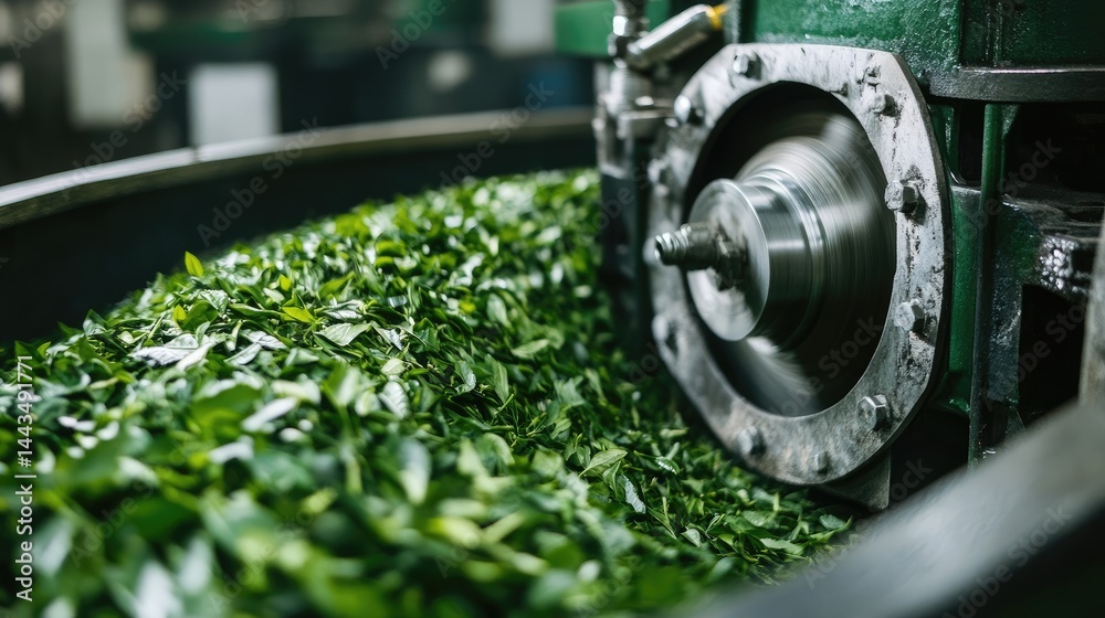 View of tea being processed inside a mechanized rolling drum, with green leaves tumbling inside.