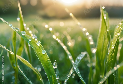 Countless dewdrops glisten on grass tips in the morning, beautifully reflecting the warm, rising sunlight.
