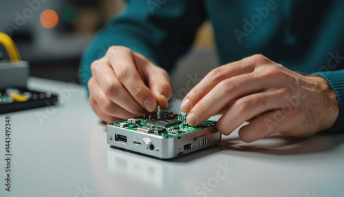 A person with fair skin and short brown hair is carefully manipulating a small circuit board with visible components in a dimly lit workspace, suggesting electronics repair or hobbyist activity.