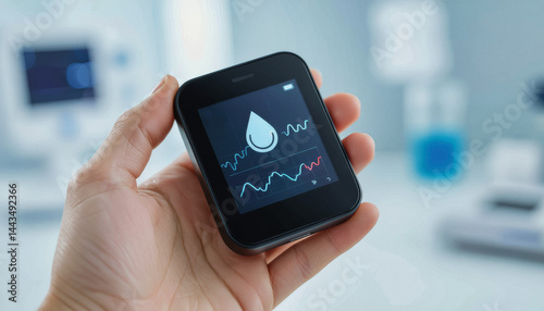 A person holds a small device displaying a glucose monitoring graph, likely in a medical or laboratory setting.