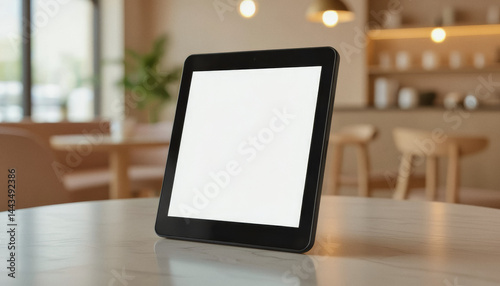 A tablet with a blank screen sits prominently on a wooden table in a warmly lit cafe setting.