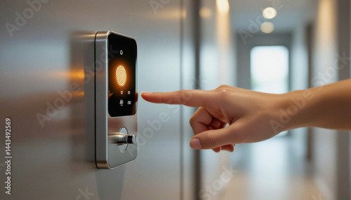 A person places their finger on a biometric fingerprint scanner mounted on a stainless steel elevator wall, accessing the building’s secure entry.