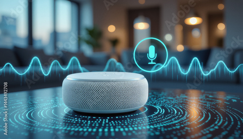 A smart speaker sits on a modern table, displaying sound waves and a microphone icon, symbolizing voice control and smart home technology.