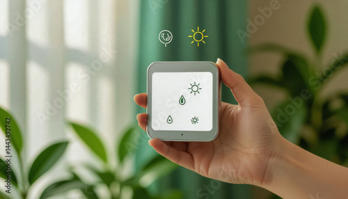 A person holds a smart device displaying plant care icons in a bright, modern room filled with greenery, suggesting a focus on smart home technology and plant care.