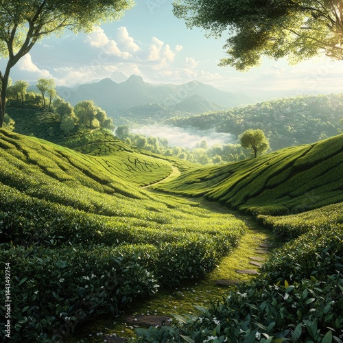 Beautiful Green Tea Plantation - Realistic and High Resolution