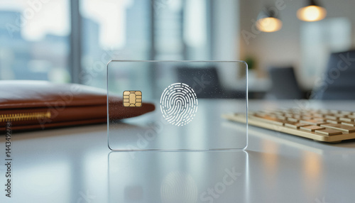 A transparent SIM card with a fingerprint graphic rests on a desk alongside a leather wallet, keyboard, and blurred office background, representing modern security and technology.