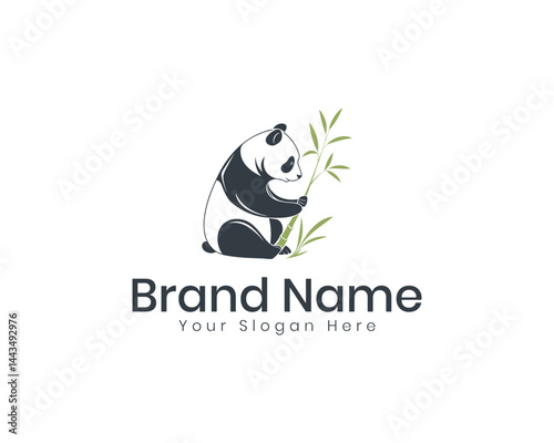 Minimalist panda logo design cute bear holding bamboo stalk vector illustration