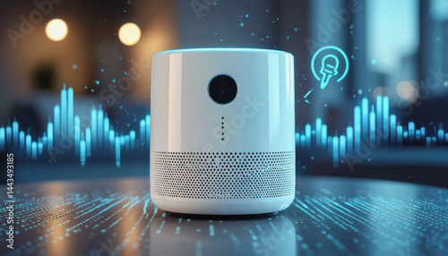 A modern smart speaker glows with digital accents and audio visualizations, suggesting voice-controlled home automation and intelligent technology.