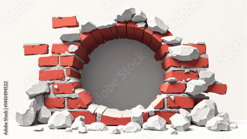 A hole in the brick wall with white background. Concrete brick wall. Hole in the red brick wall. Vector illustration.