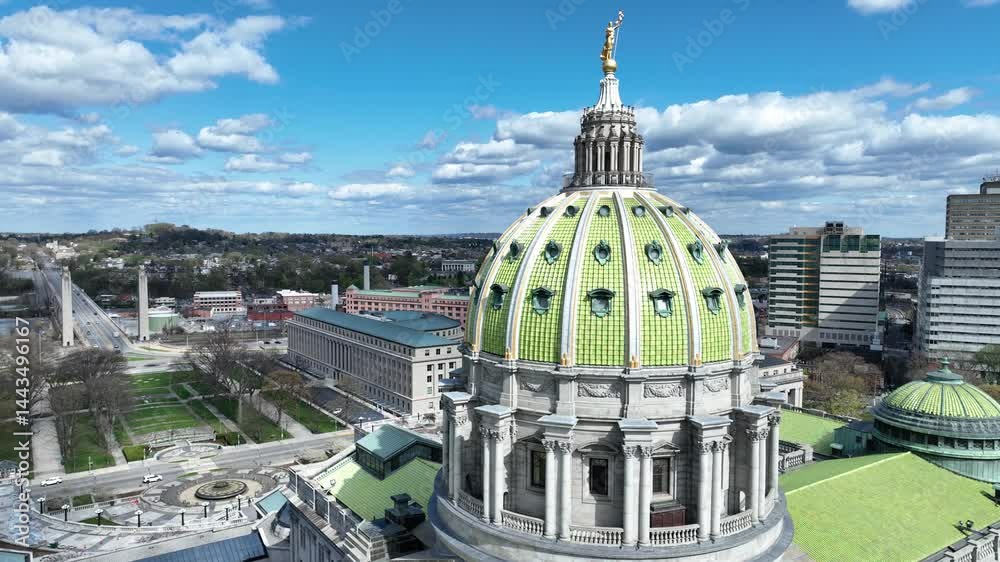 Harrisburg, Pennsylvania USA – 4 24 2024: Stunning 4K drone video capturing the Pennsylvania State Capitol building in Harrisburg from above. 