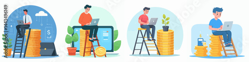 a man sitting on a coin ladder while carrying a laptop style vector flat design