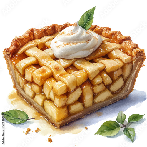 watercolor of Slice Of Apple Pie With A Dollop Of Cream, vector, isolated on a white background.