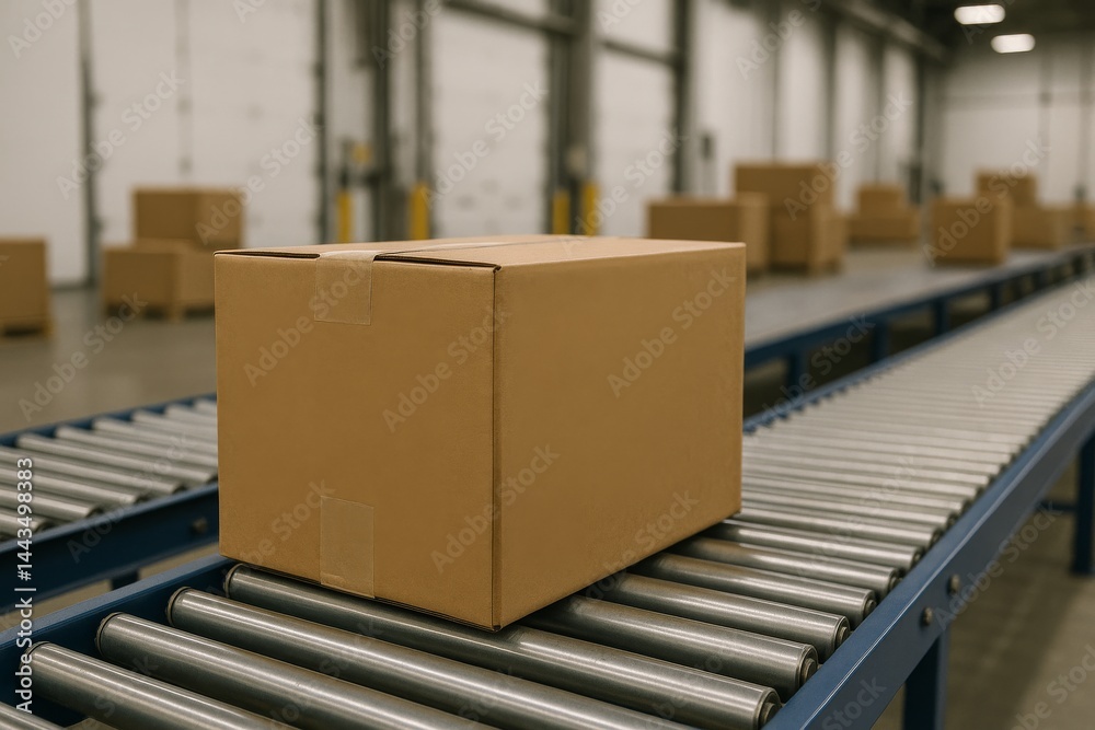 Cardboard Box on Conveyor Belt in Warehouse During Sorted Packaging Process