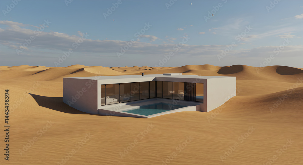 Obraz premium Secluded Desert Retreat Modern Architecture Desert Oasis Minimalist Design
