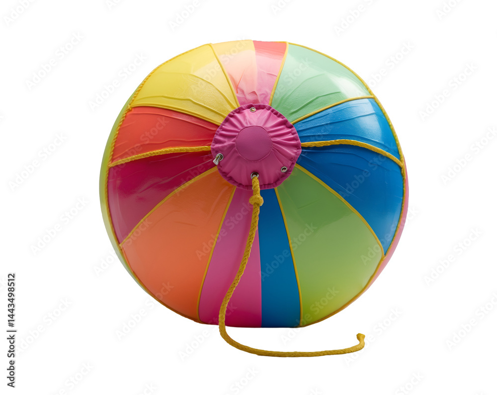 Obraz premium Vibrant beach ball featuring a spectrum of colorful panels, perfect for summer fun and recreational activities on the beach or by the pool on a sunny day