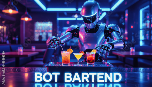 A futuristic robot bartender, clad in a sleek silver suit, expertly mixes cocktails on a backlit bar within a vibrant, neon-lit nightclub.