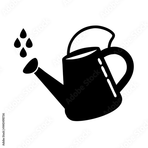 Black and White Watering Can Icon with Droplets in a Simple Design
