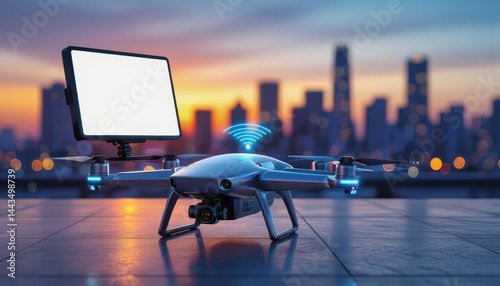 A futuristic drone with a monitor displaying a blank screen hovers above a cityscape at dusk, showcasing potential for smart city technology and remote surveillance.