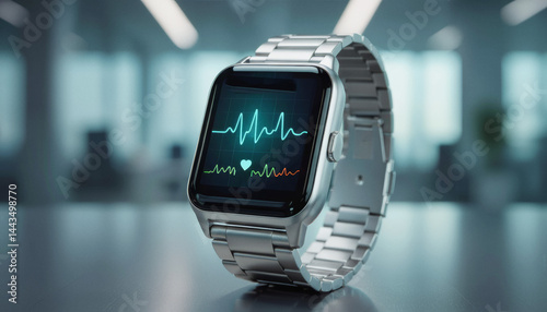 A modern smartwatch with a stainless steel band displays a heart rate monitor graphic on its screen against a blurred medical facility background.