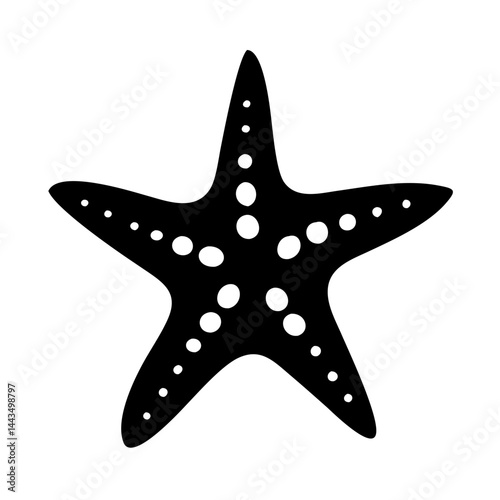 Bold black and white illustration of a starfish with white circles pattern
