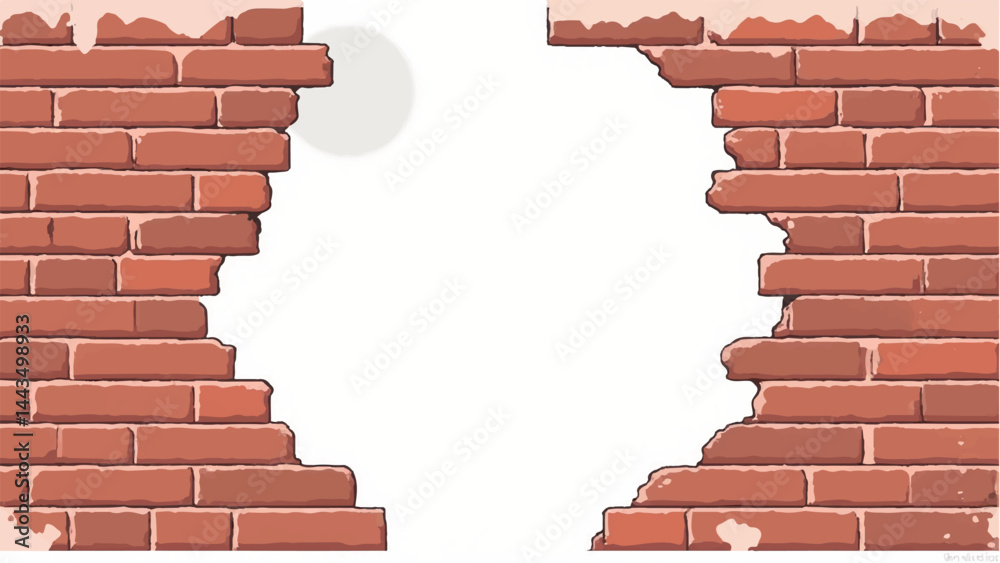 Obraz premium Broken Brick Wall with Hole. Textured Brick Wall with Opening. A Brick Wall with a large hole in the center. Vector Illustration. 