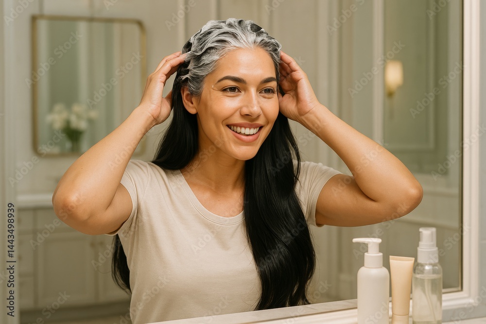 Woman Applying Hair Treatment in a Bright Bathroom During Morning Routine