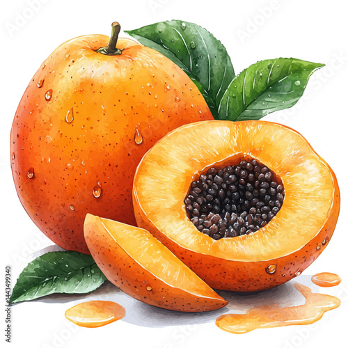 Sliced Mango With Droplets Of Juice, vector watercolor illustration, isolated on a white background.
