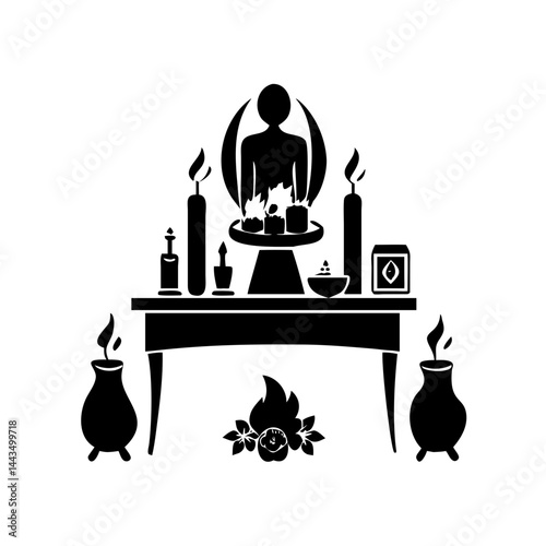 Mystical Silhouette Depicting Ritual Altar with Candles, Incense, and Deity Image