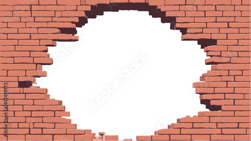 Broken Brick Wall with Hole. Textured Brick Wall with Opening. A Brick Wall with a large hole in the center. Vector Illustration. 