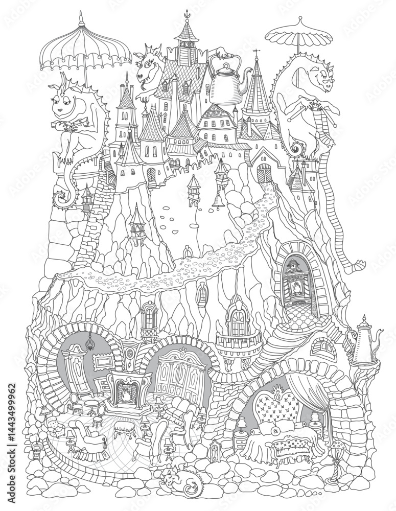 Fototapeta premium Fairy tale Dragons knitting stocking, reading book and hooligan, old medieval castle and underground cave apartment. Coloring book page