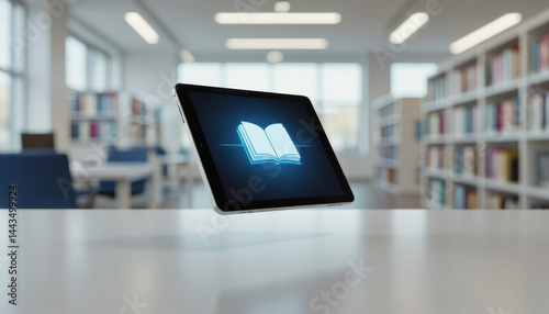 A tablet displaying an open book icon sits prominently on a white table in a blurred library setting.