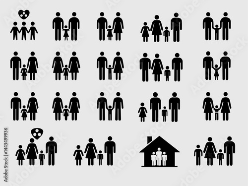 Family, relationship icon set. Vector glyph pictograms of couple, parent, child, elderly people, pregnancy, parenting, community, single mother, social care black silhouette illustration.
