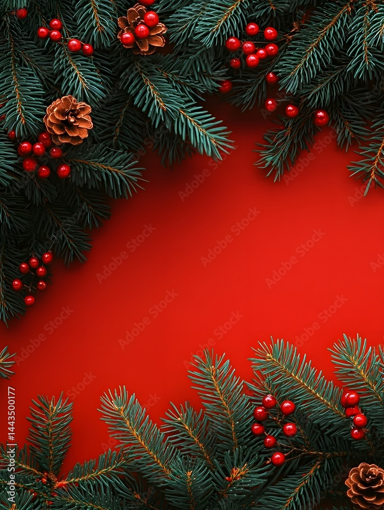 Festive winter greenery with red backdrop for celebrations