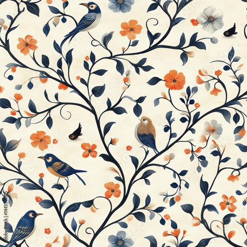 Colorful Floral Pattern with Birds and Twisting Branches Design