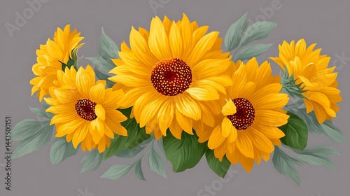 Wallpaper Mural Vibrant bouquet of yellow sunflowers with green leaves against a gray background Torontodigital.ca