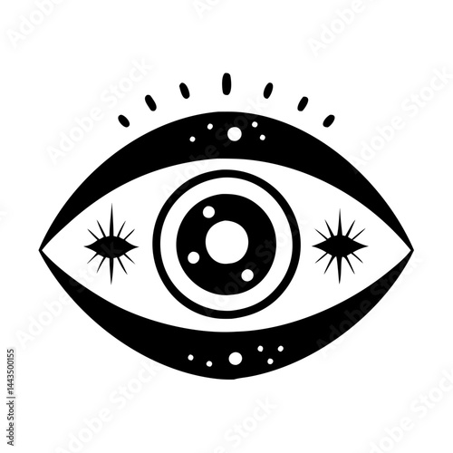 Black and White Geometric Eye Illustration with Celestial and Cosmic Elements