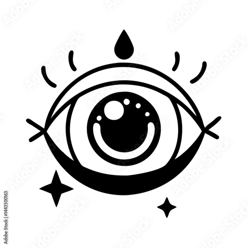 Mystic Eye Illustration with Tear and Stars, Black and White Design