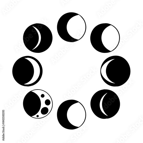 Circular arrangement displaying the different phases of the moon on white background