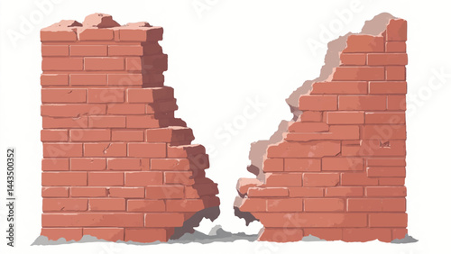 A set of two ruined brick walls with a white background. Two brick walls. Vector illustration. 
