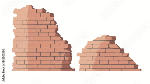 A set of two ruined brick walls with a white background. Two brick walls. Vector illustration. 
