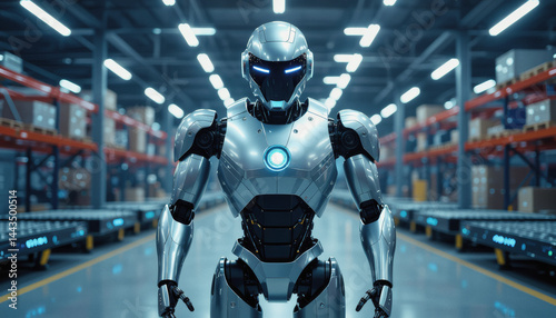 A futuristic, humanoid robot stands centered in a vast warehouse, illuminated by bright overhead lights and surrounded by rows of storage shelves.